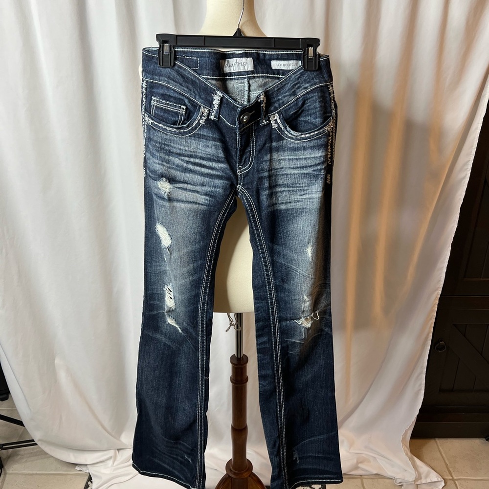 Daytrip Women's Distressed Dark Wash Boot Cut Jeans